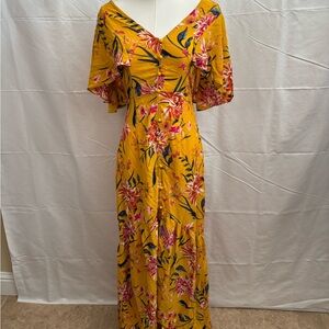 Flying Tomato Mustard Floral Maxi Dress Boho wide Shoulder Button Front Small